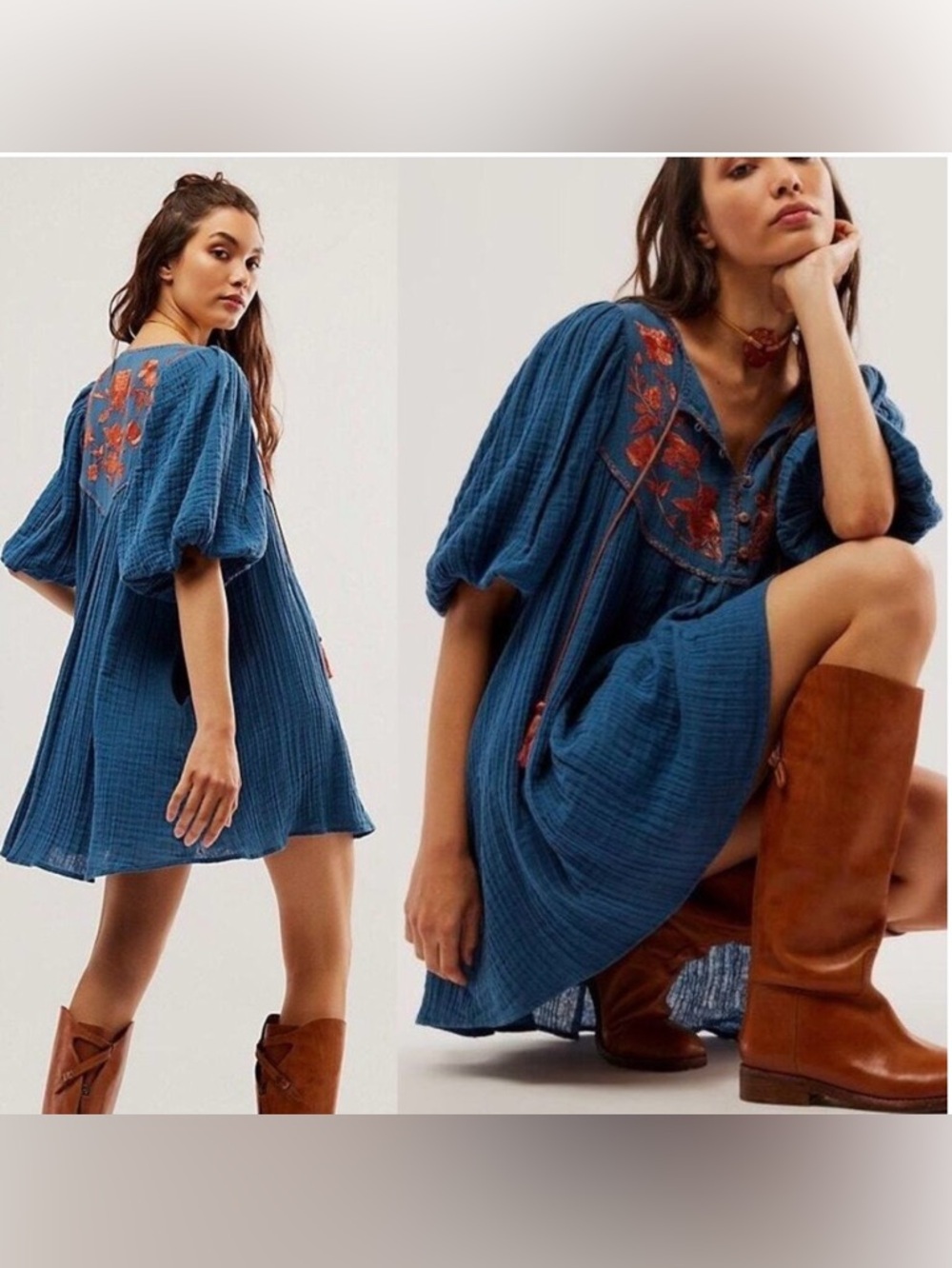 Free People Rosa Linda Floral Embroidered Mini Dress- Costal Combo